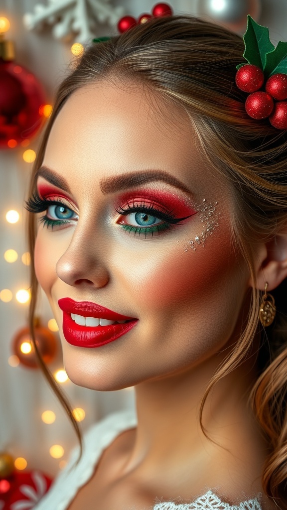 A festive Christmas makeup look with red and green eyeshadow, glitter, and bold red lips against a holiday-themed backdrop.